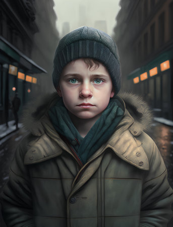 Portrait of a boy in a winter jacket and hat on the street.の素材