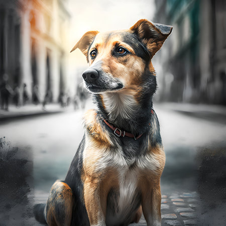 Portrait of a dog on a background of old street. Photo in old color image style.の素材