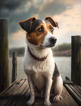 Portrait of a Jack Russell Terrier sitting on a wooden pierの素材