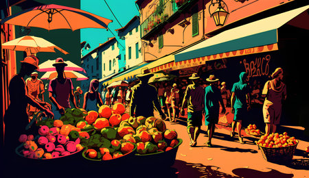 Fruits and vegetables on the street of the old city. Vector illustrationの素材