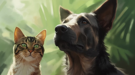 Portrait of a dog and a cat on a green background.の素材