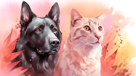Watercolor portrait of a dog and a cat. Vector illustration.の素材