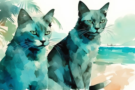 Two cats on the background of the sea. Watercolor illustration.の素材