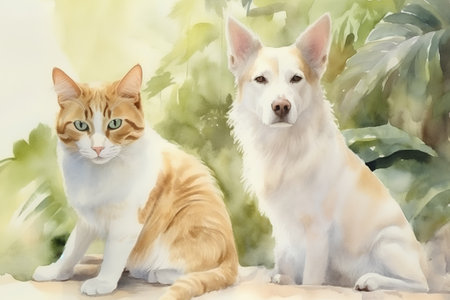 Watercolor portrait of a dog and a cat on a green backgroundの素材