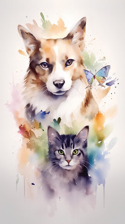 Watercolor portrait of a corgi dog, cat and butterfly.の素材