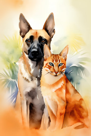 Watercolor portrait of a dog and cat. Watercolor painting.の素材