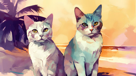 Two cats on the beach at sunset. Hand drawn vector illustration.の素材