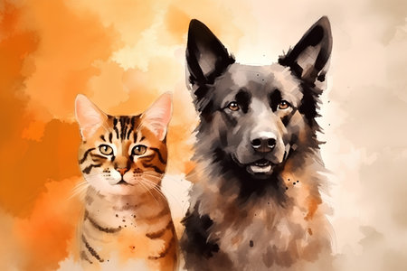 Watercolor portrait of a cat and a dog of breed German Shepherdの素材