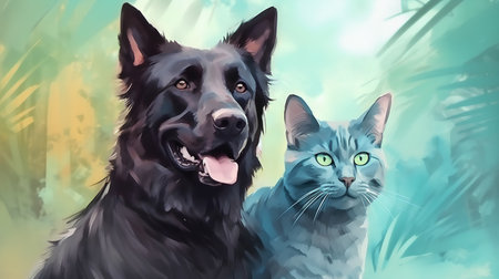 Illustration of a dog and a cat looking at each other.の素材