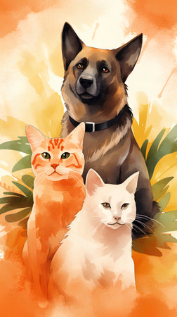 illustration of a cat, dog and a dog in watercolorの素材