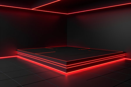 Abstract 3d rendering of empty dark room with red neon lights.の素材