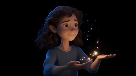 3D Illustration of a Little Girl Holding a Glowing Starの素材