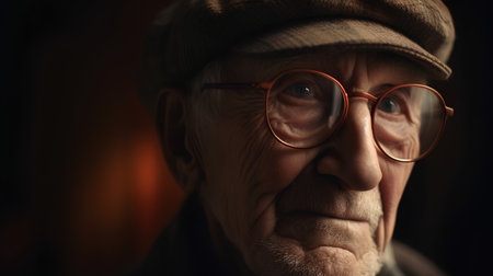 Portrait of an elderly man with glasses and a cap. Studio shot.の素材