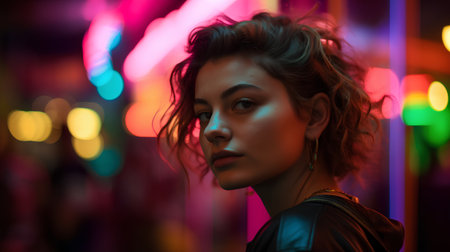 Portrait of a beautiful young girl in a nightclub at night.の素材