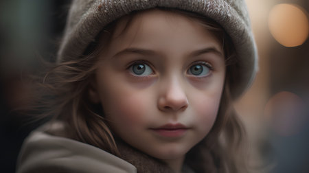 Portrait of a beautiful little girl in a beige coat and gray hatの素材