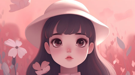 cute little girl in a hat on a pink background with flowersの素材