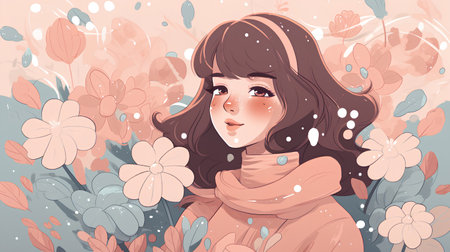 Beautiful girl with flowers. Vector illustration in a flat style.の素材