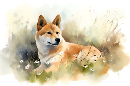 Watercolor portrait of a Japanese Shiba Inu dog sitting in the grass.の素材