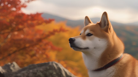 Shiba inu on the background of the autumn forest and mountainsの素材