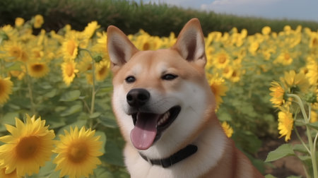 Shiba inu in a sunflower field with sunflowersの素材