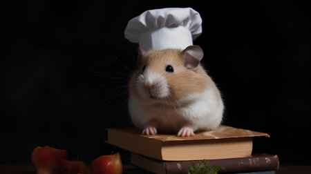 Hamster in chef's hat on a book against a dark backgroundの素材