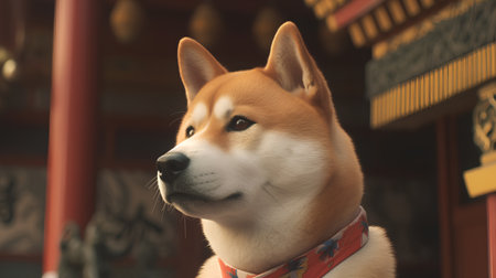 Shiba Inu dog in a chinese temple. Close up.の素材