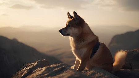 Akita inu dog sitting on top of a mountain during sunsetの素材