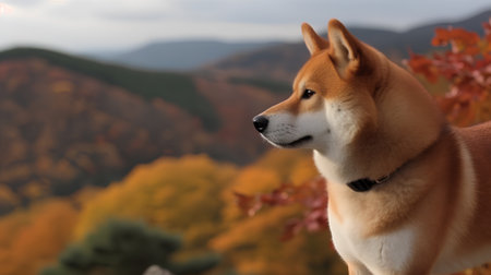 Shiba inu on the background of autumn forest and mountains.の素材