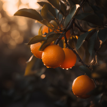 Tangerines on the tree in the garden at sunset. Selective focus.の素材