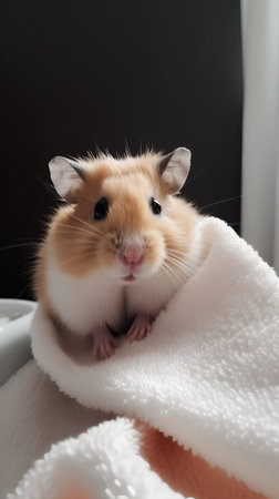 Hamster on a white towel. Cute domestic hamster.の素材