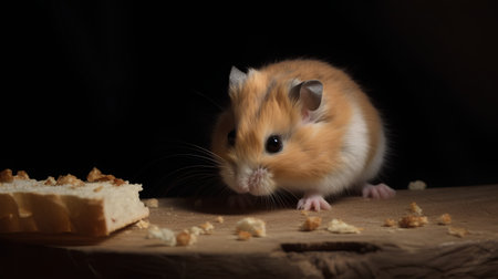 Hamster eating bread on a black background. Close-up.の素材