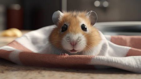 Cute hamster with plaid on kitchen table, closeupの素材