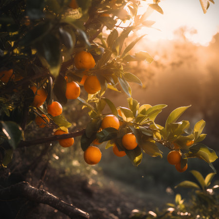Tangerines on a tree in the garden in the rays of the setting sunの素材