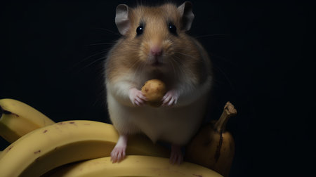 Hamster with banana on a black background. Studio photography of a hamster.の素材