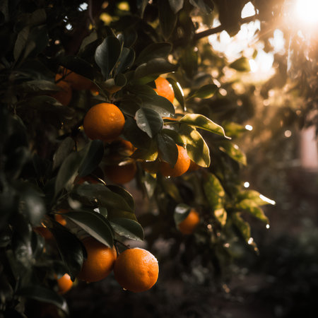 Tangerines on the tree in the garden. Selective focus.の素材