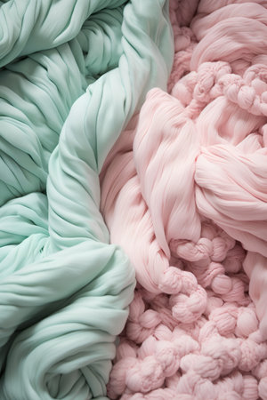Texture, background, pattern. Cloth knitted in pastel shades of green, pink, turquoise and white. The concept of warmth and comfort.の素材