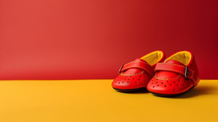 A pair of red baby shoes on a yellow and red background.の素材