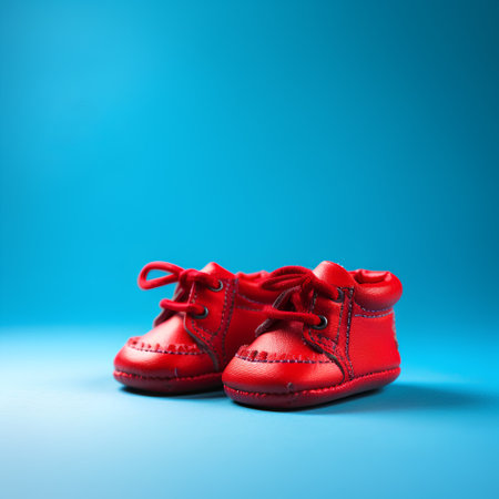 Pair of red baby shoes on blue background with copy space.の素材