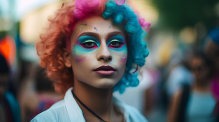 Portrait of a beautiful girl with bright makeup and colorful hair.の素材