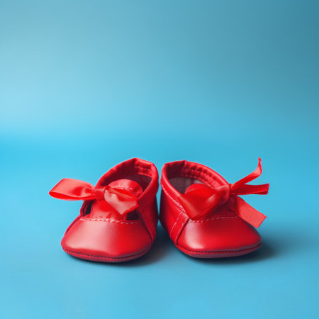 A pair of red baby shoes with a bow on a blue backgroundの素材