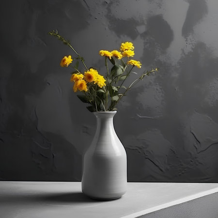 Bouquet of yellow flowers in a vase on a gray backgroundの素材