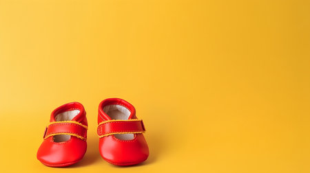 Red baby shoes isolated on yellow background. Copy space for your text.の素材