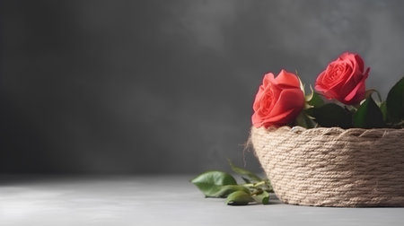 Bouquet of red roses in a basket on a gray backgroundの素材