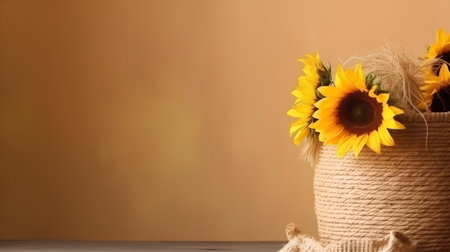 Bouquet of sunflowers in a vase on a brown backgroundの素材