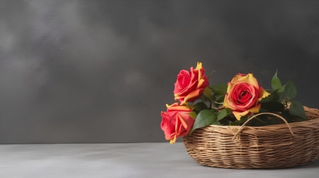 Basket with red and yellow roses on grey background, copy spaceの素材