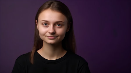 Portrait of a beautiful young girl in a black T-shirt on a purple backgroundの素材