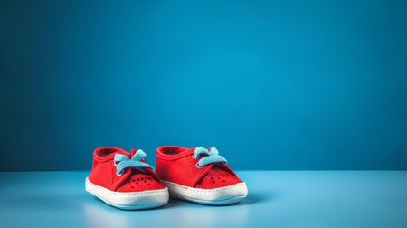 Pair of red baby shoes on blue background with copy space.の素材