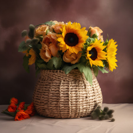 Bouquet of sunflowers in a wicker basket on a brown backgroundの素材