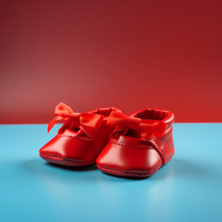 Red baby shoes with a bow on a blue background. 3d renderingの素材