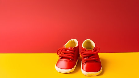 Pair of red baby shoes on yellow and red background with copy spaceの素材